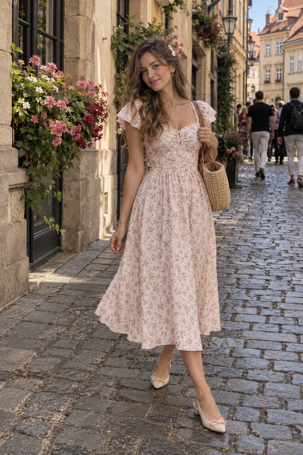 Coquette outfit: Floral Tea Dress With Bow Slingbacks