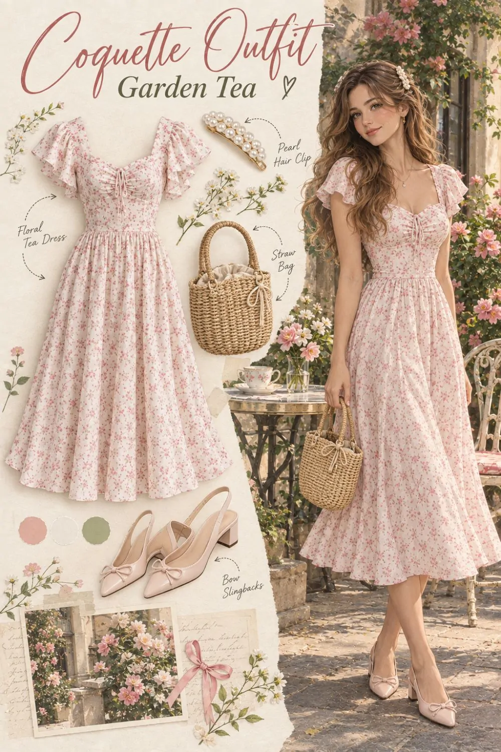 Coquette outfit: Floral Tea Dress With Bow Slingbacks styling collage