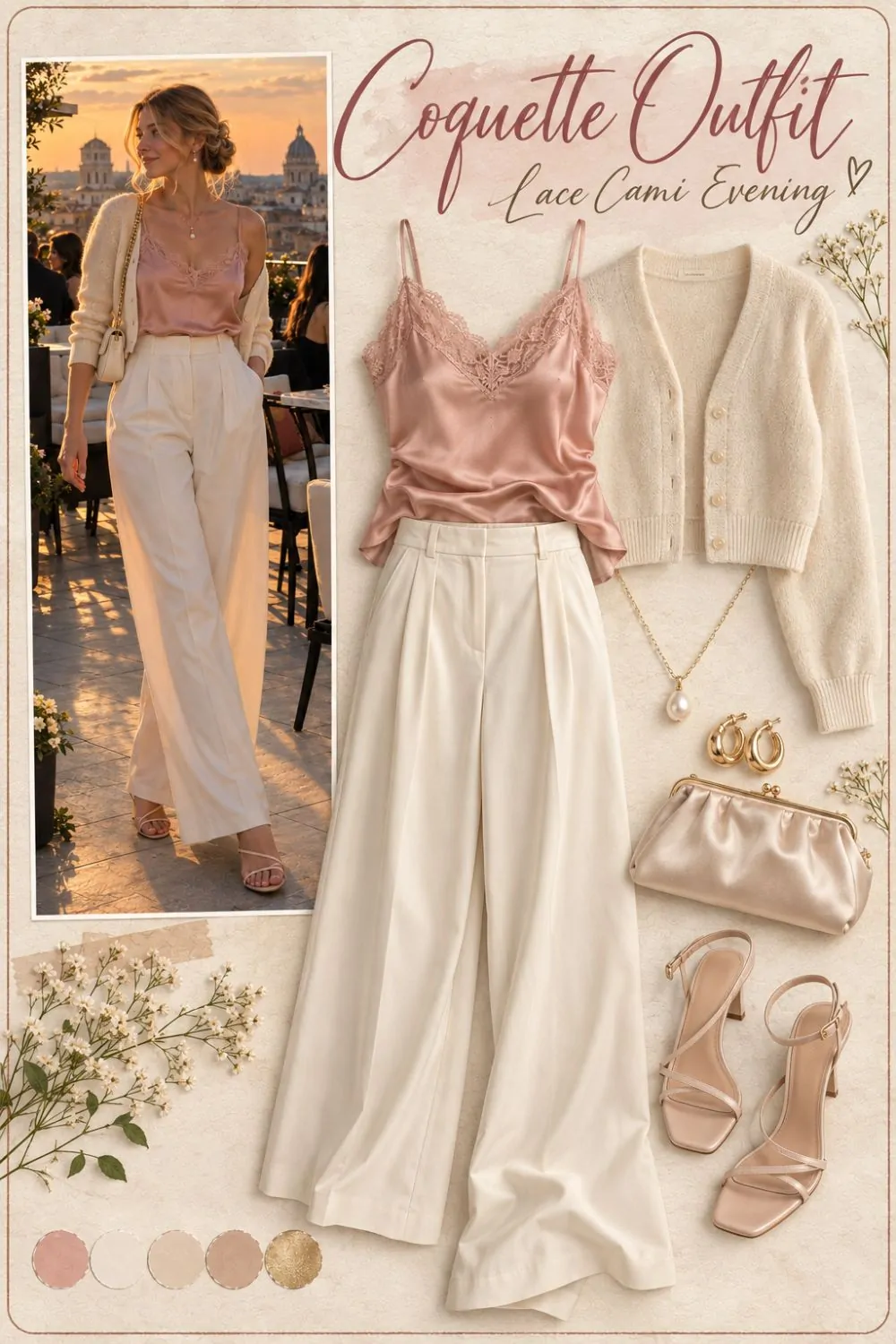 Coquette outfit: Lace Camisole and Wide-Leg Trousers styling collage