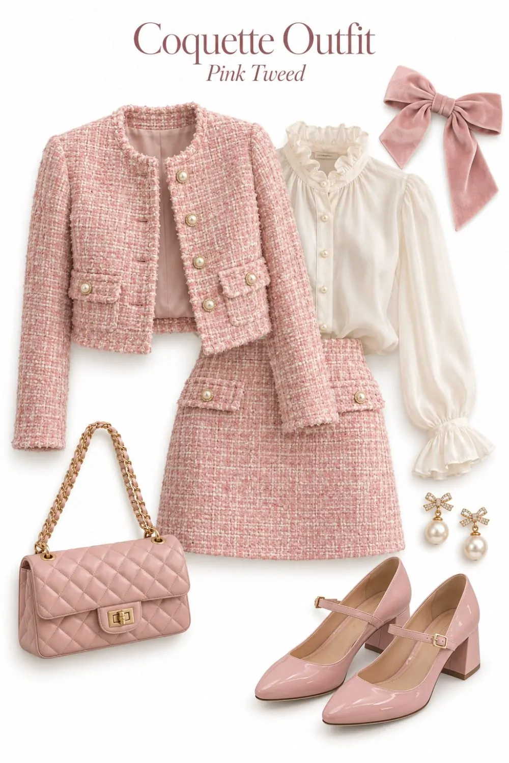 Coquette outfit: Pink Tweed Jacket and Mini Skirt styling collage