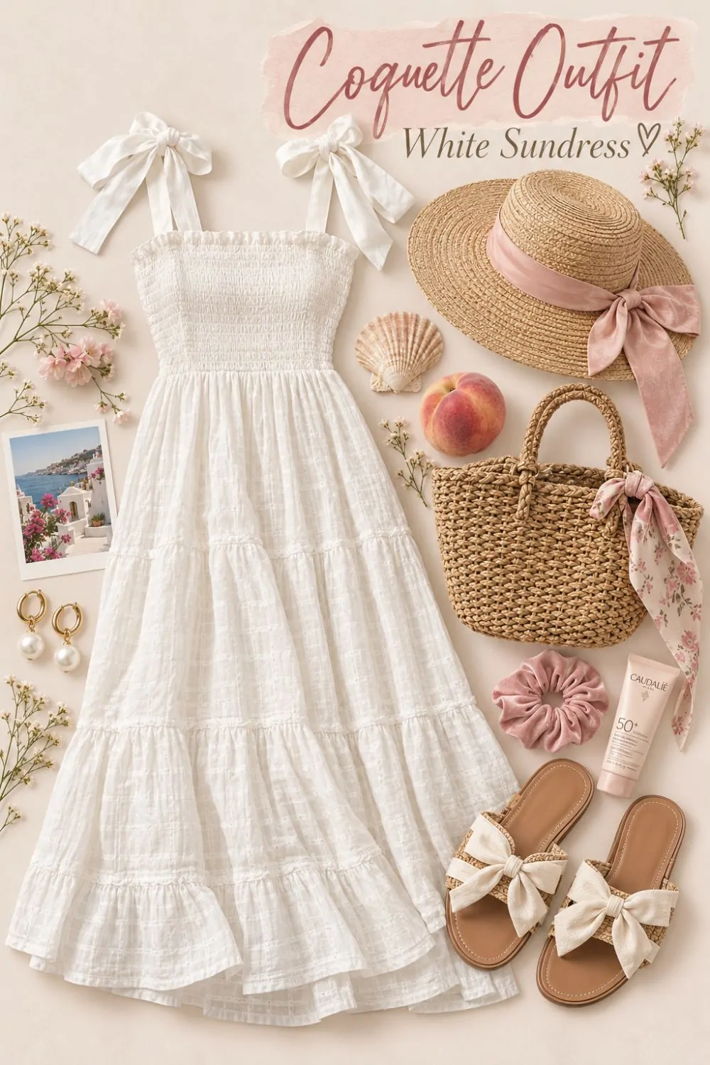 Coquette outfit: White Sundress With Ribbon Ties styling collage