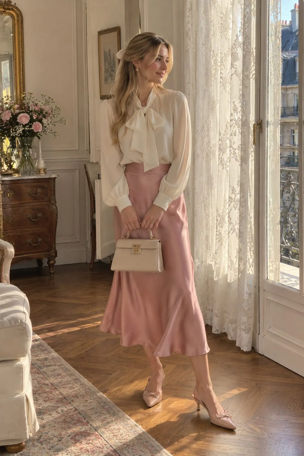 Coquette outfit: Bow-Neck Blouse and Midi Skirt