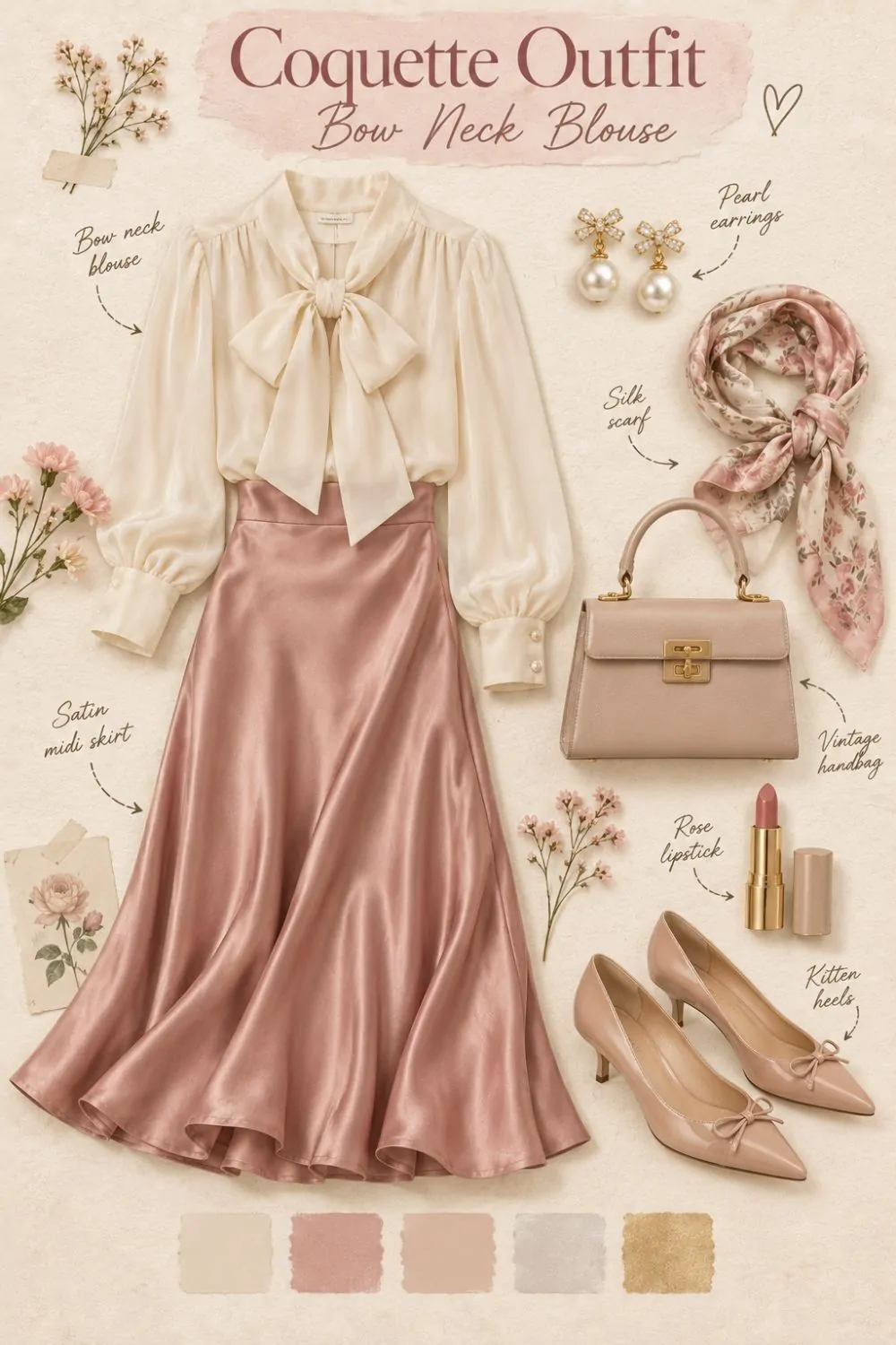 Coquette outfit: Bow-Neck Blouse and Midi Skirt styling collage