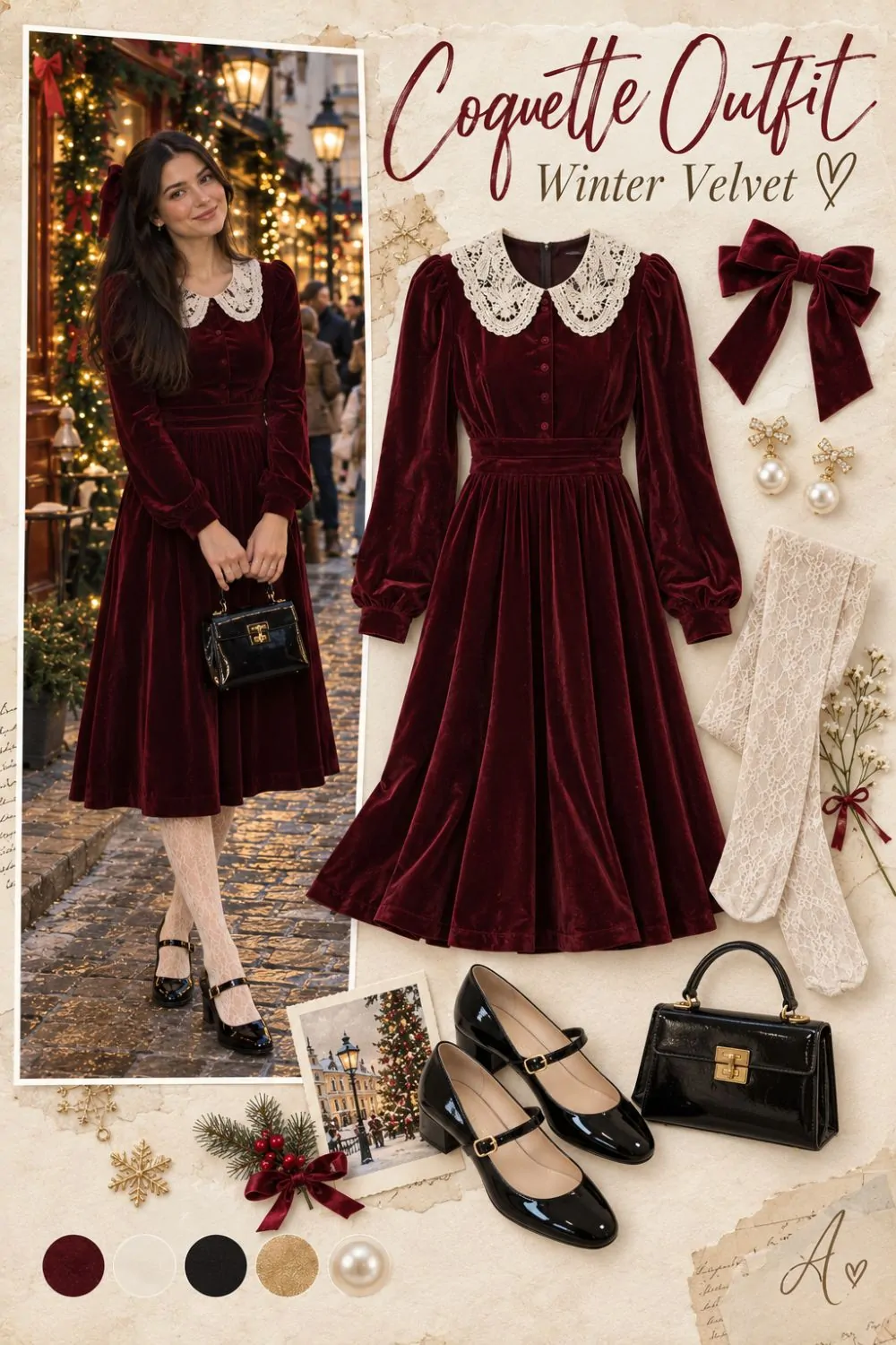 Coquette outfit: Burgundy Velvet Dress With Lace Tights styling collage