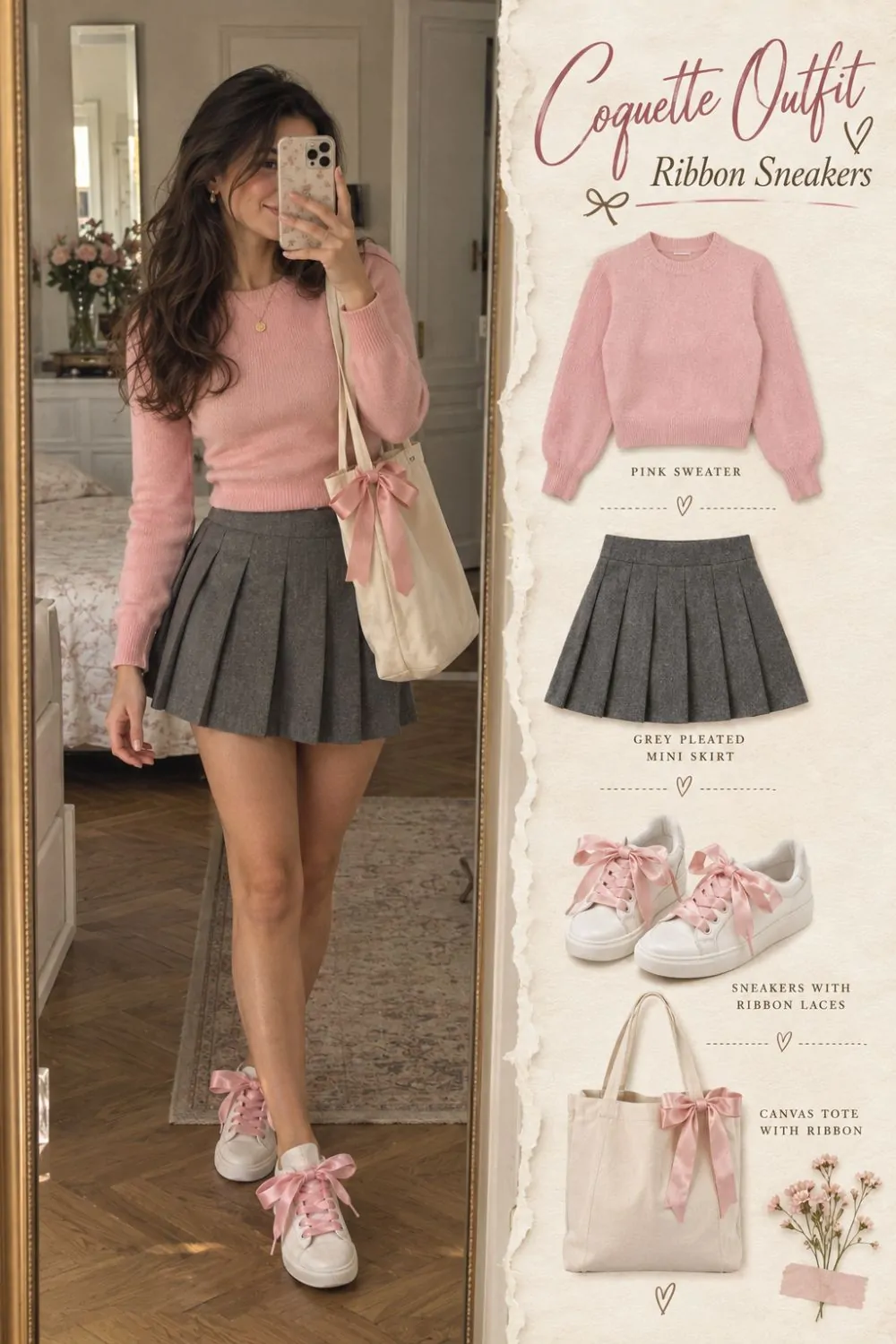 Coquette outfit: Ribbon-Lace Sneakers With a Mini Skirt styling collage