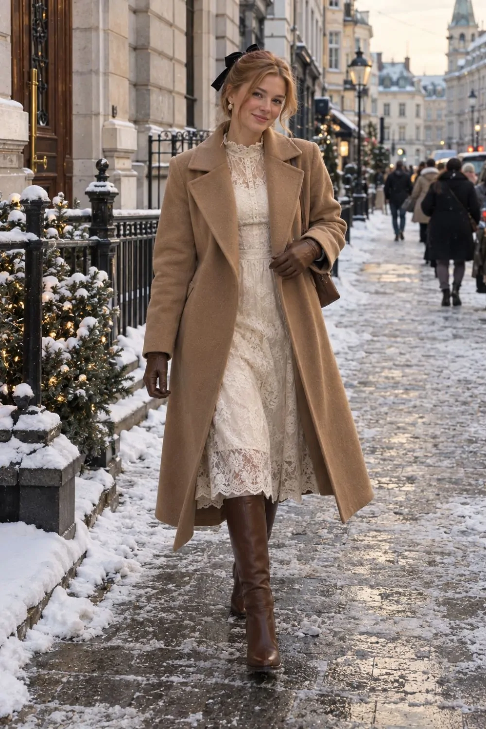 Coquette outfit: Long Wool Coat Over a Lace Midi Dress