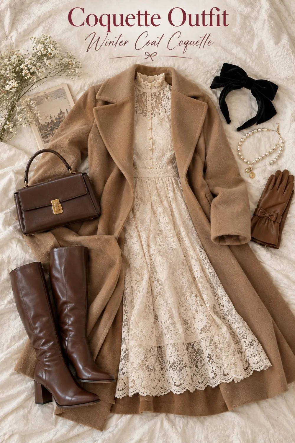 Coquette outfit: Long Wool Coat Over a Lace Midi Dress styling collage