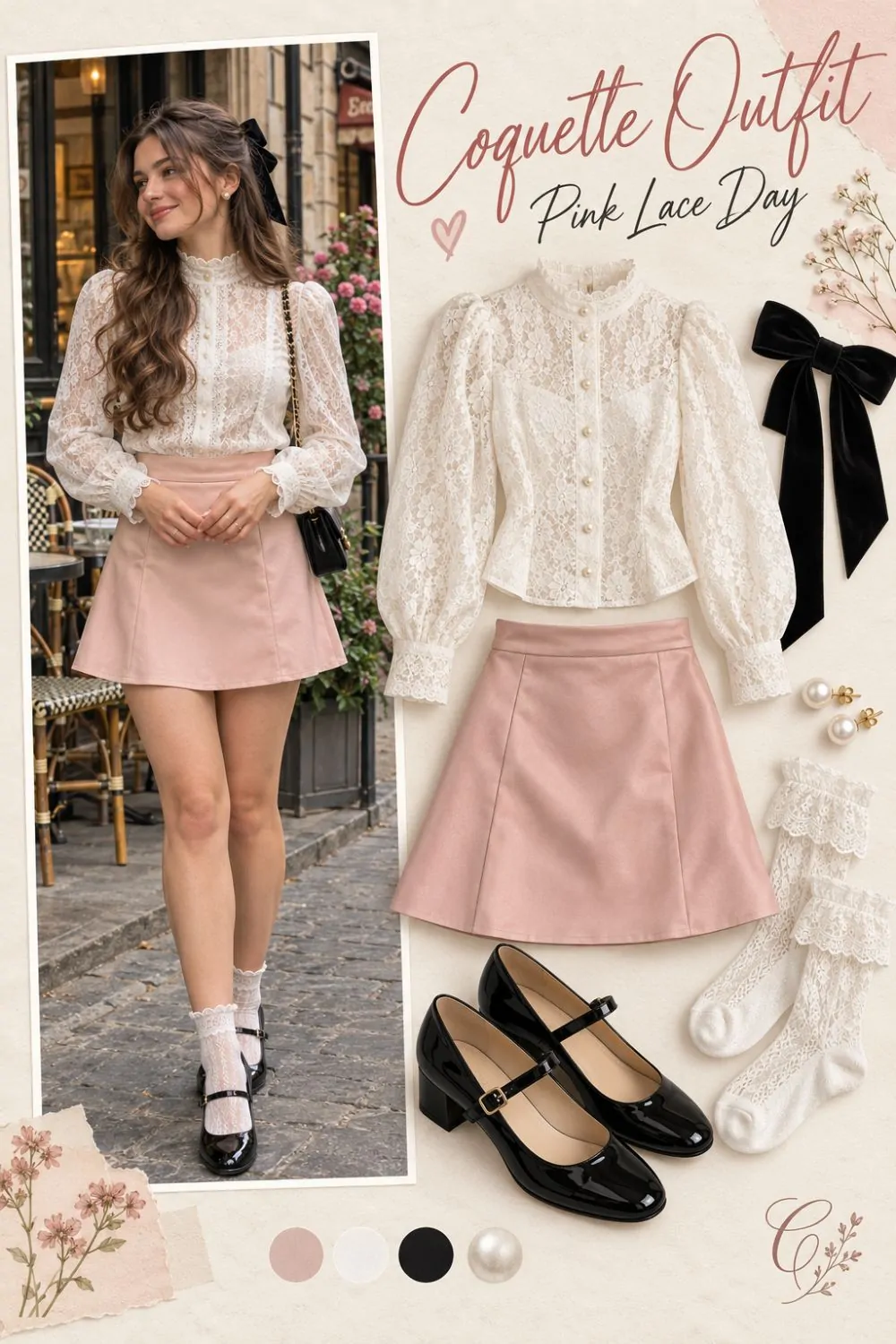 Coquette outfit: White Lace Blouse and Pink Mini Skirt styling collage
