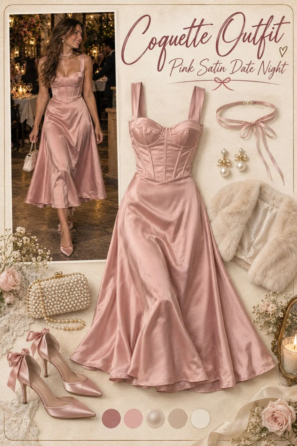 Coquette outfit: Pink Satin Corset Dress for Date Night styling collage