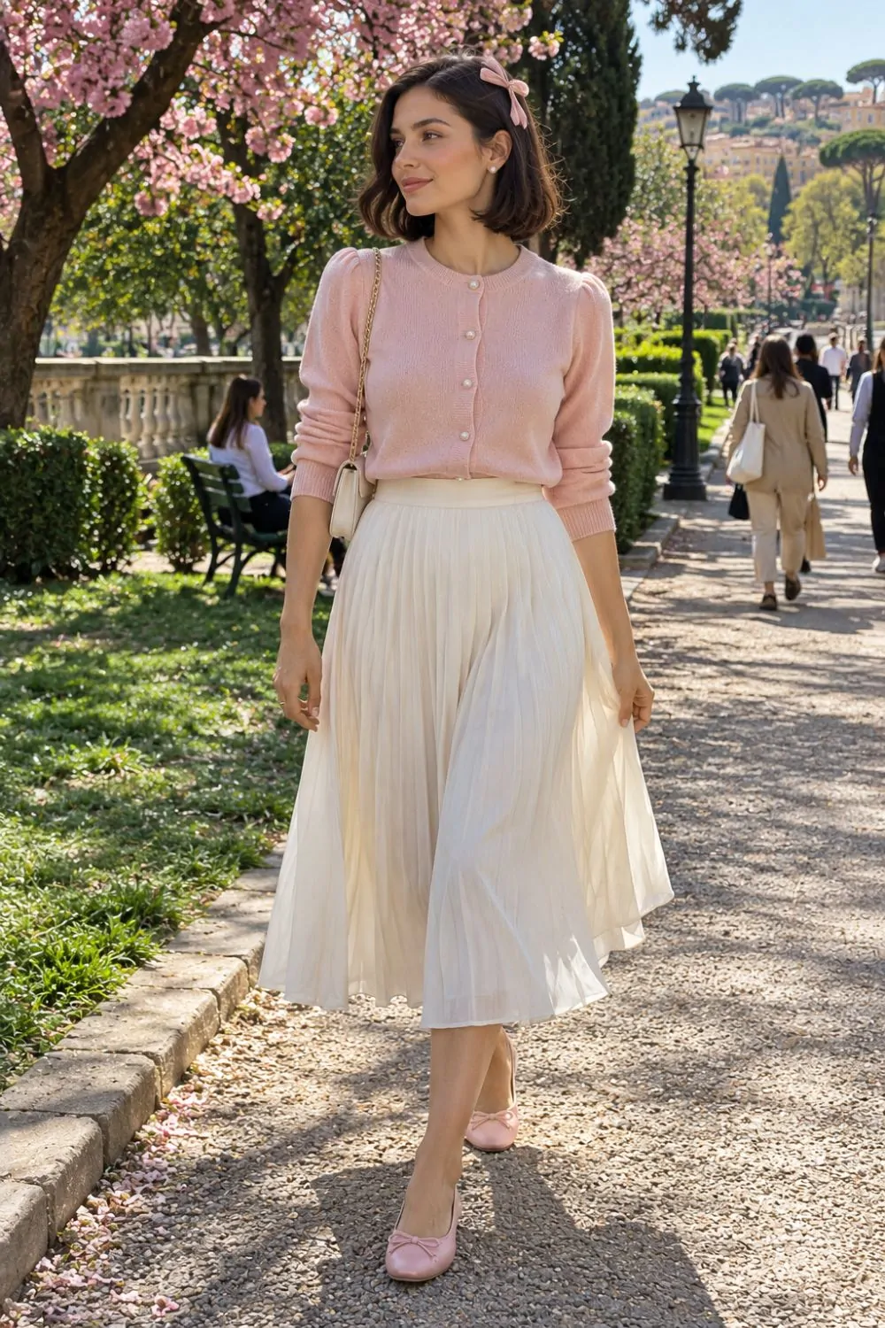Coquette outfit: Pearl-Button Cardigan and Pleated Skirt