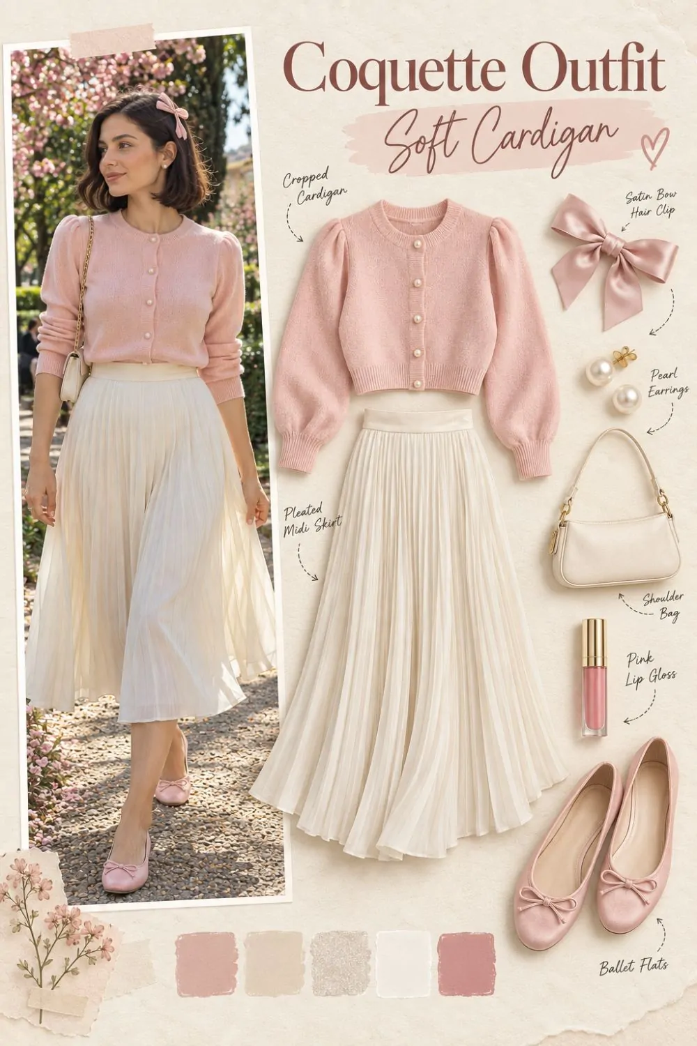 Coquette outfit: Pearl-Button Cardigan and Pleated Skirt styling collage