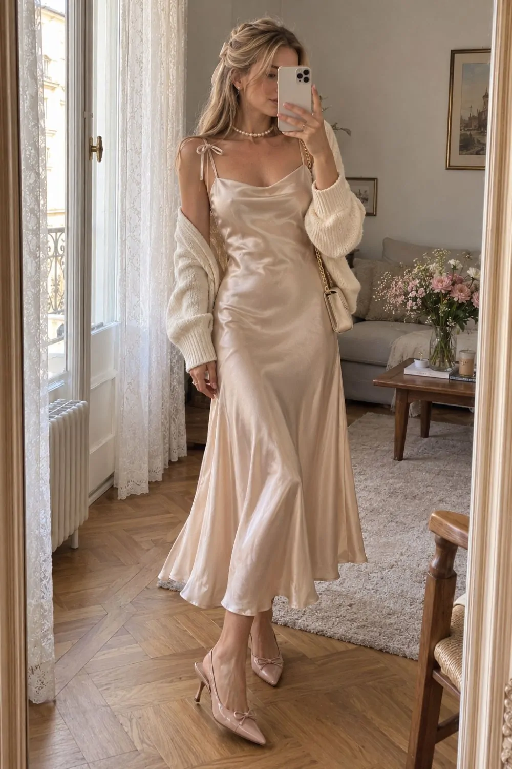 Coquette outfit: Satin Slip Dress With Ribbon Straps