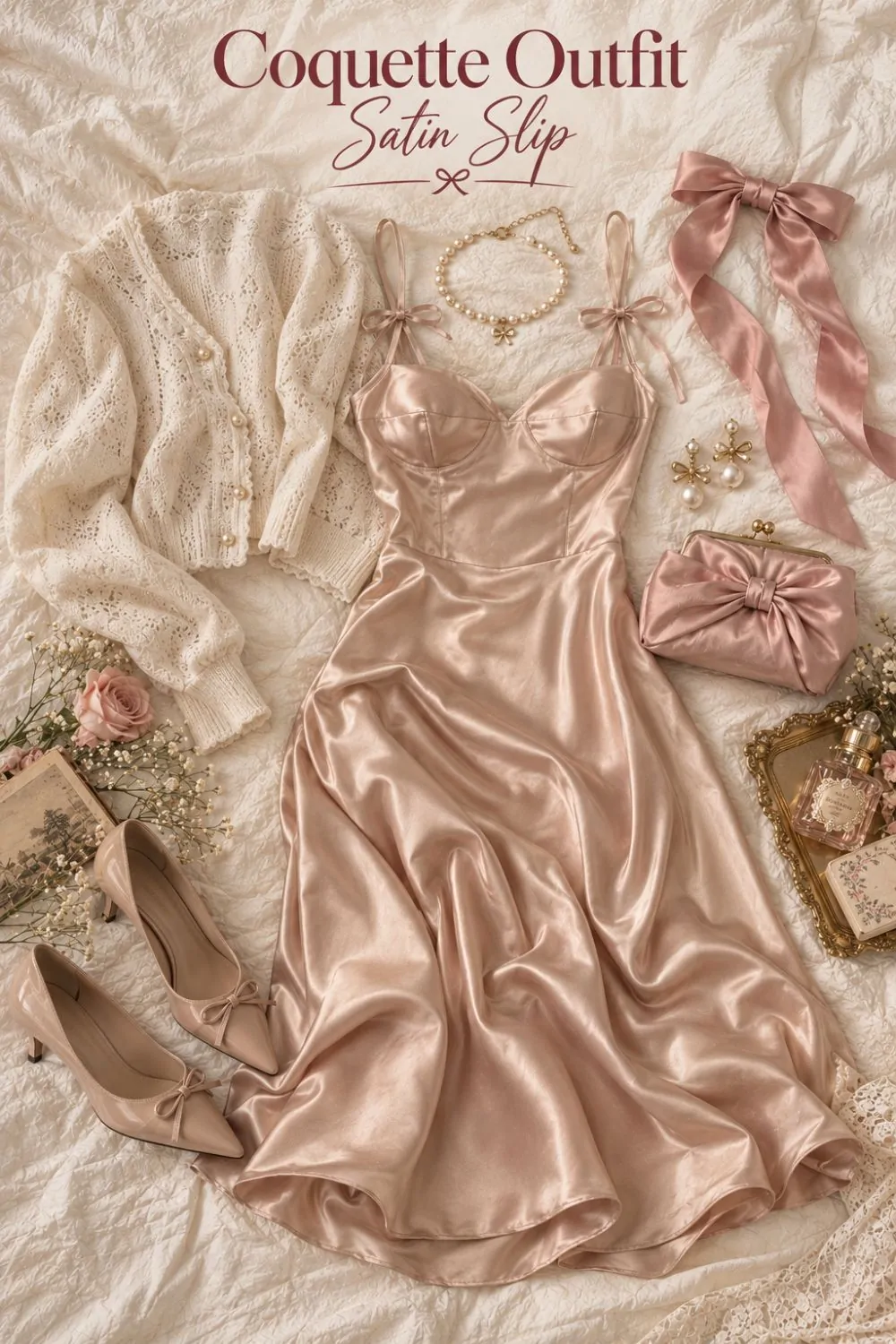 Coquette outfit: Satin Slip Dress With Ribbon Straps styling collage