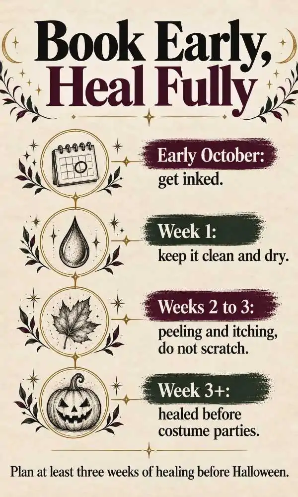 Halloween tattoo healing timeline: get inked in early October and allow three weeks to heal