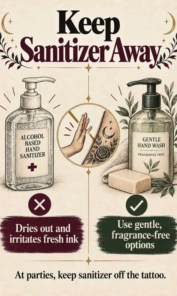 Tattoo aftercare: keep alcohol-based hand sanitizer away from a healing tattoo