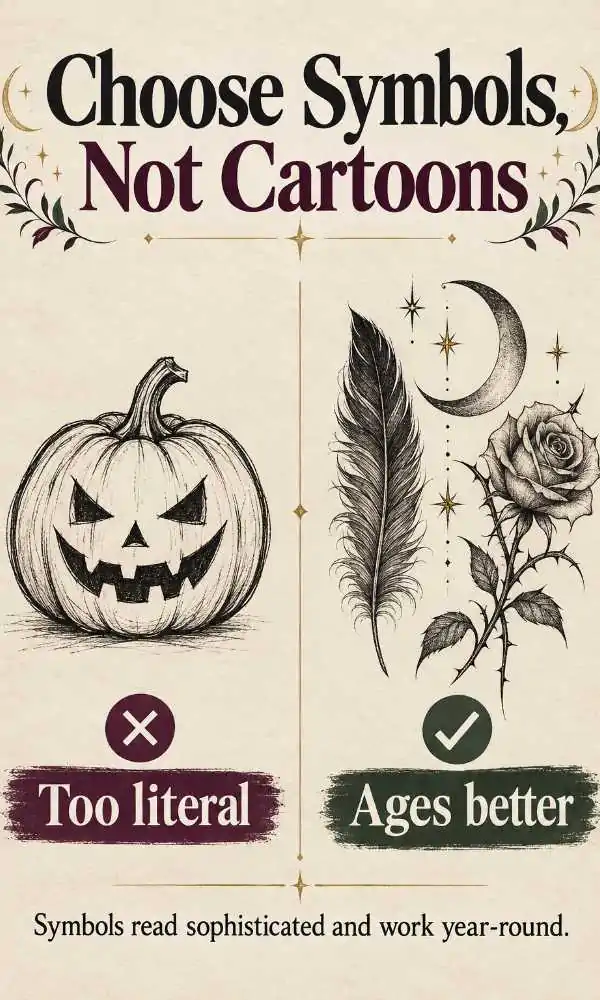 Halloween tattoo tip: choose symbols like a raven feather, moon and thorny rose over cartoon pumpkins