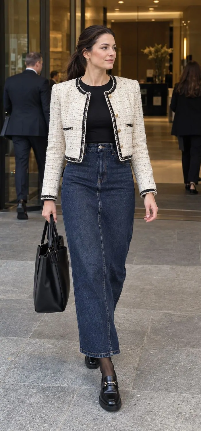 Cropped Tweed Blazer with Loafers