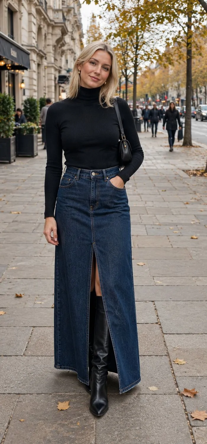 Black Turtleneck with Dark Wash Denim and Knee Boots