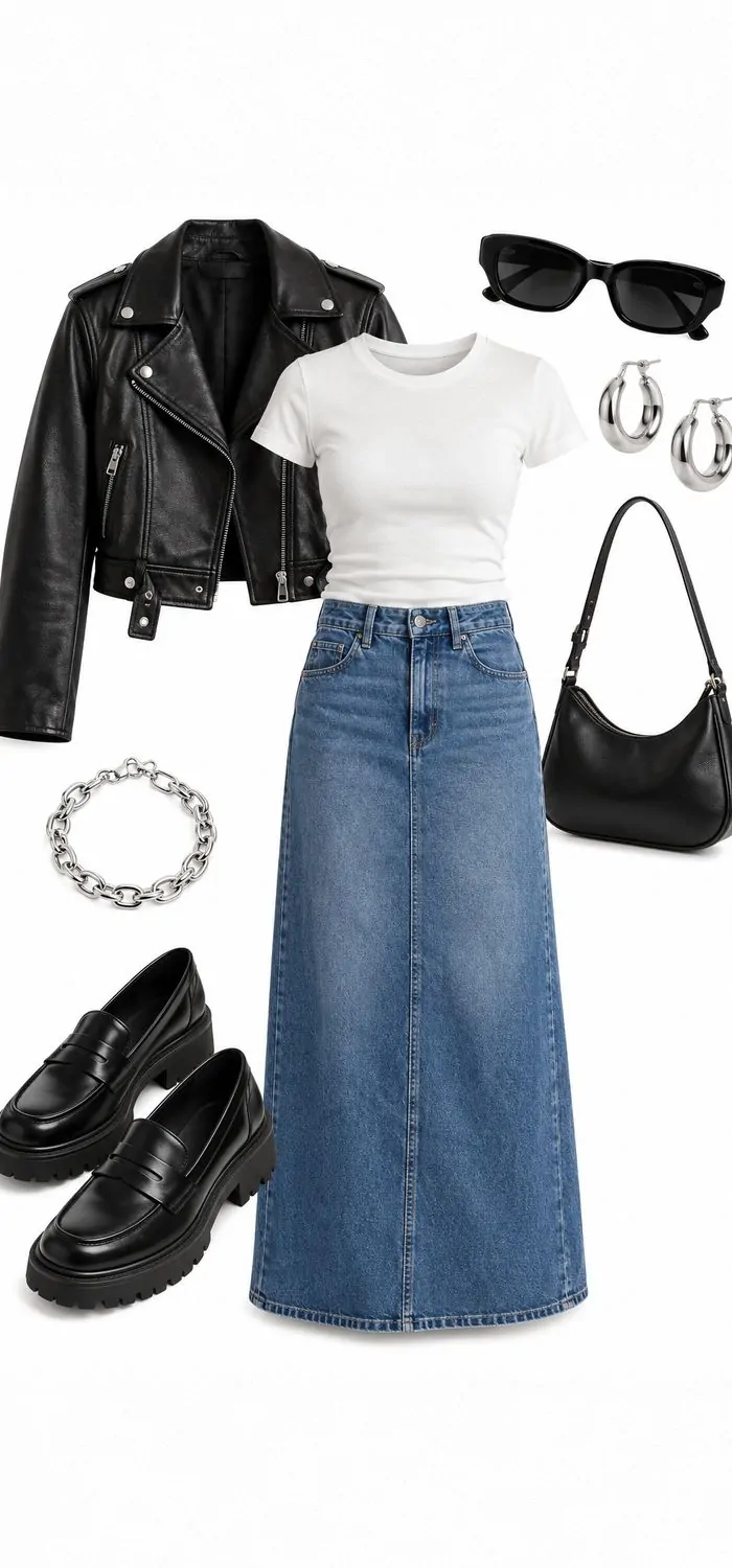 Cropped Leather Jacket over Denim Maxi