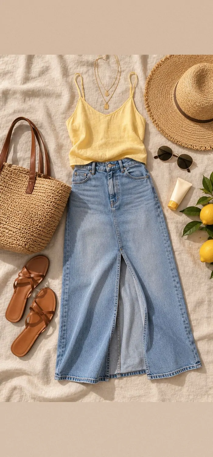 Linen Camisole with a Slit Denim Skirt for Summer