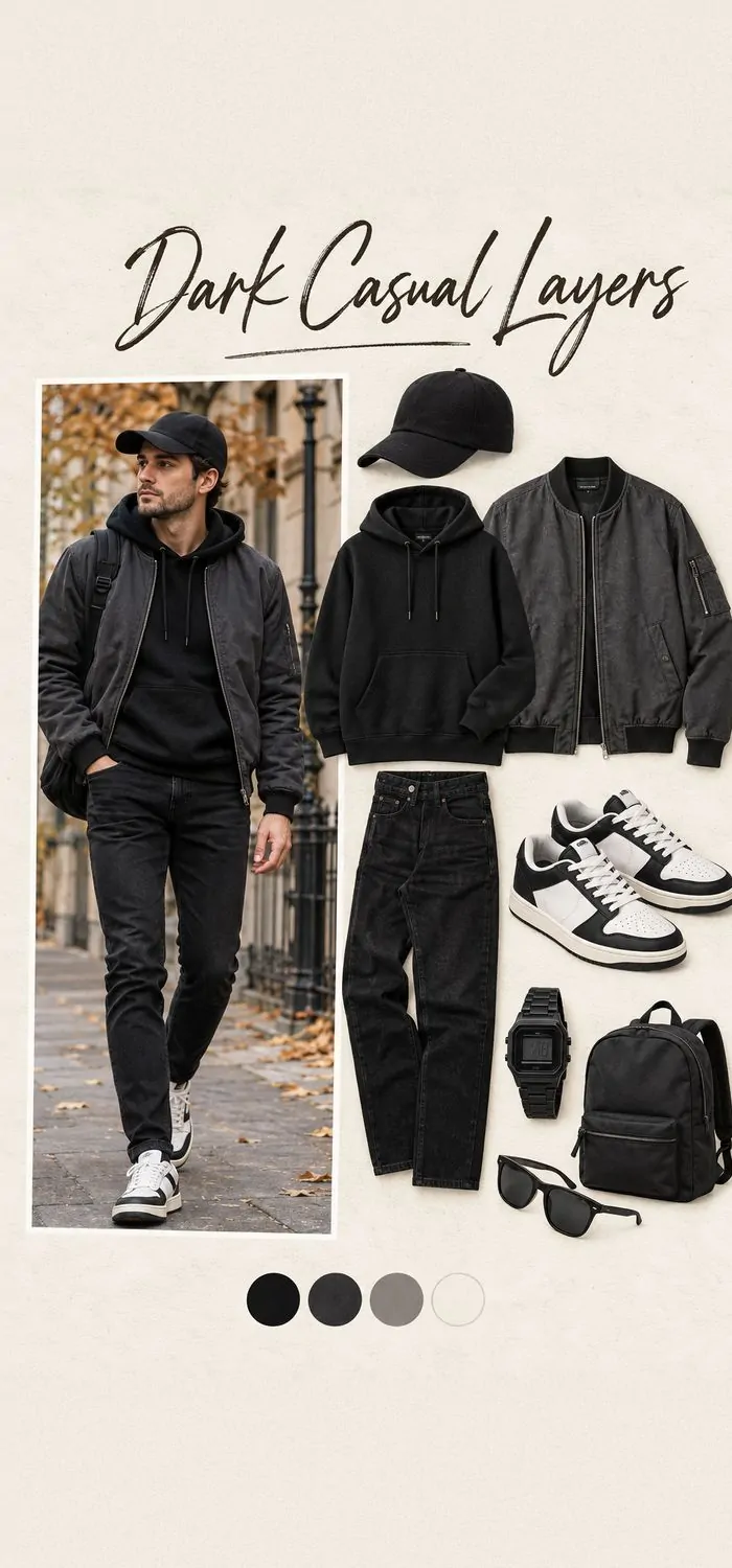 Black Baseball Cap with Dark Casual Layers