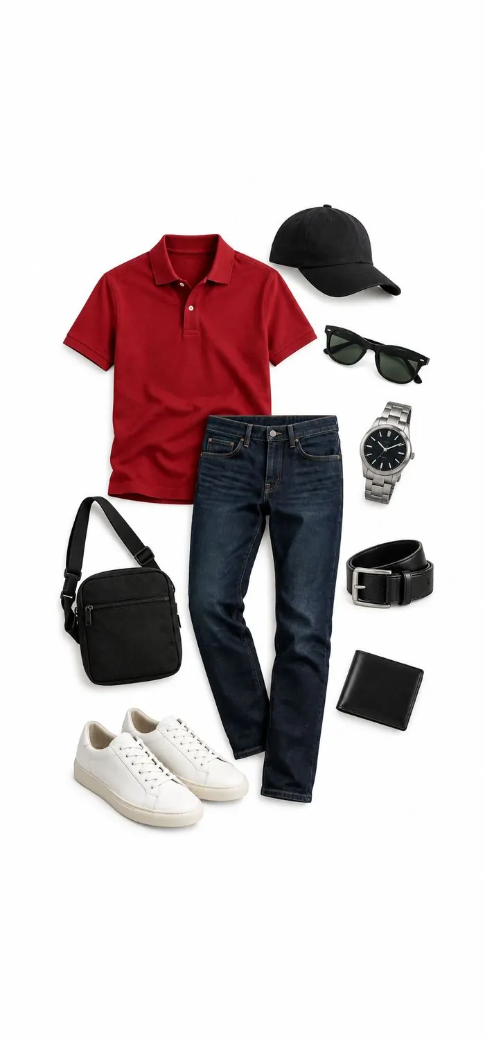 Red Polo with Black Baseball Cap