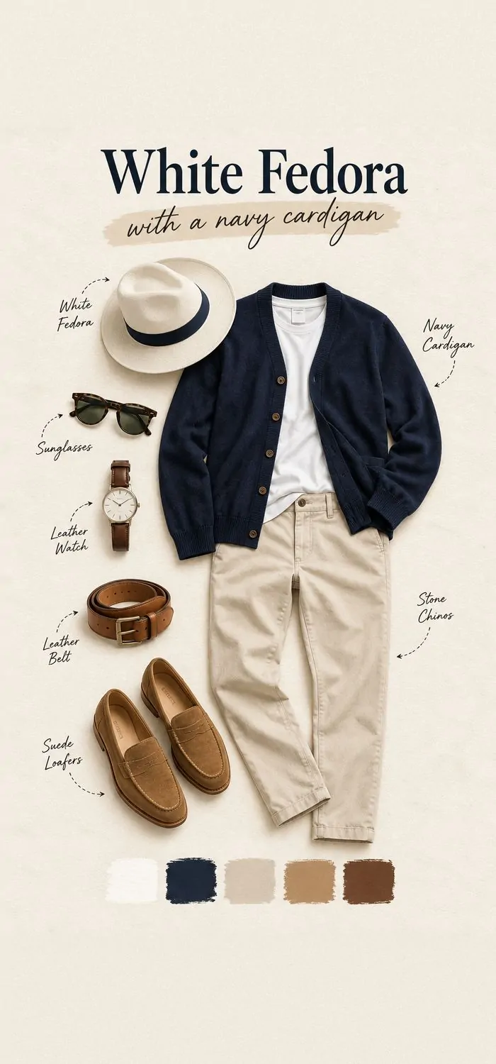 White Fedora with Navy Cardigan