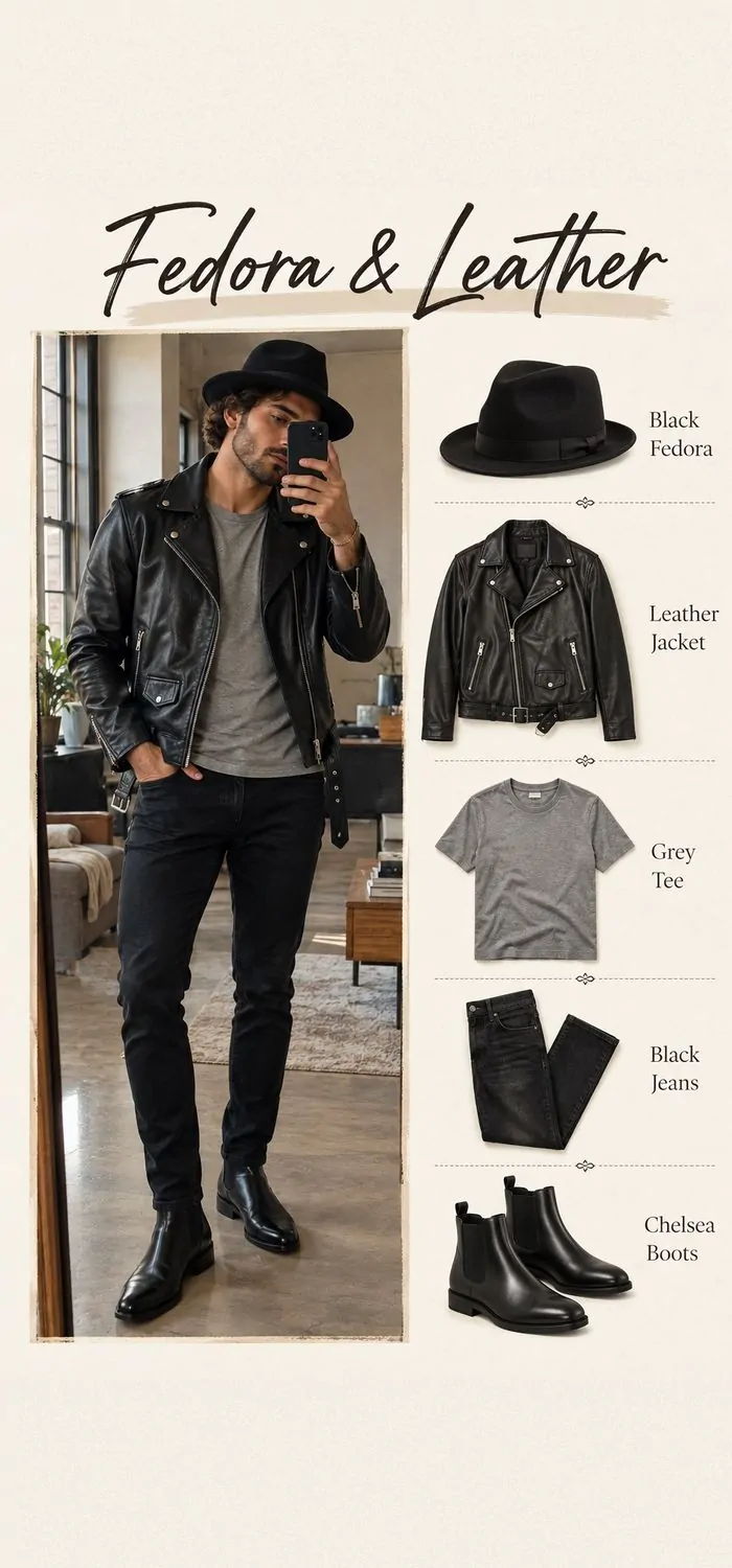 Black Fedora with Leather Jacket