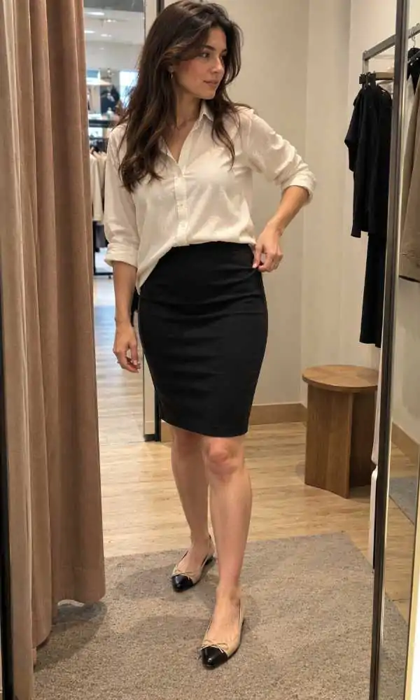 Woman pinching fabric at her hip to test the fit of a black pencil skirt