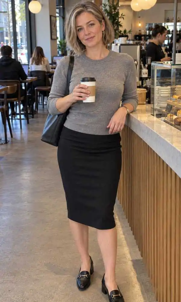 Woman in a fitted grey knit top following her waistline over a black pencil skirt