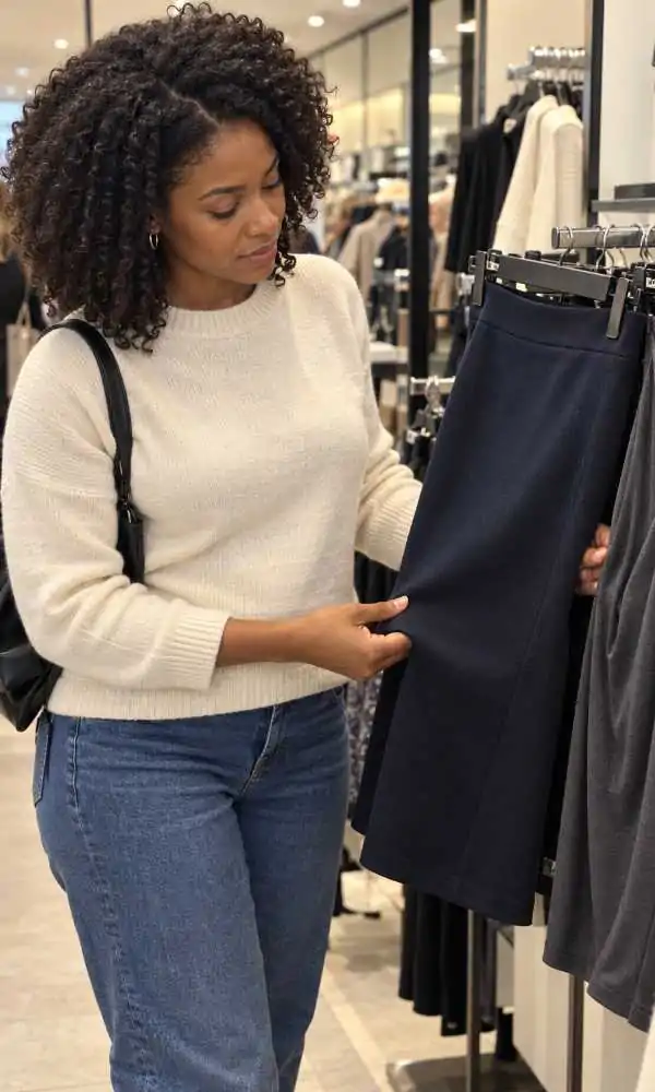 Woman feeling thick navy ponte pencil skirt fabric next to a thin jersey skirt