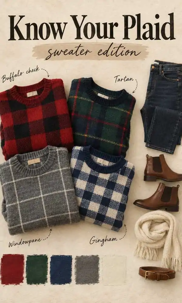 Know Your Plaid: buffalo check, tartan, windowpane and gingham plaid sweaters in a flat lay