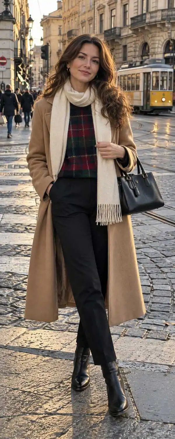 Plaid sweater under a camel wool coat with black trousers and ankle boots