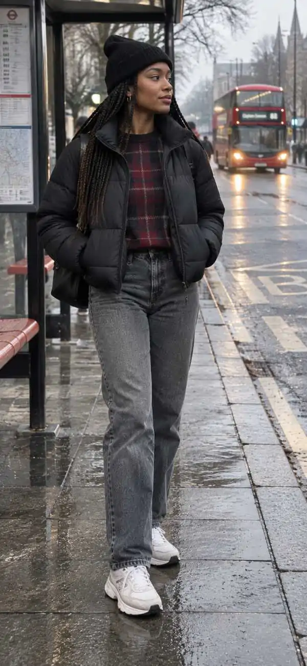 Plaid sweater under a black puffer jacket with grey jeans and chunky trainers