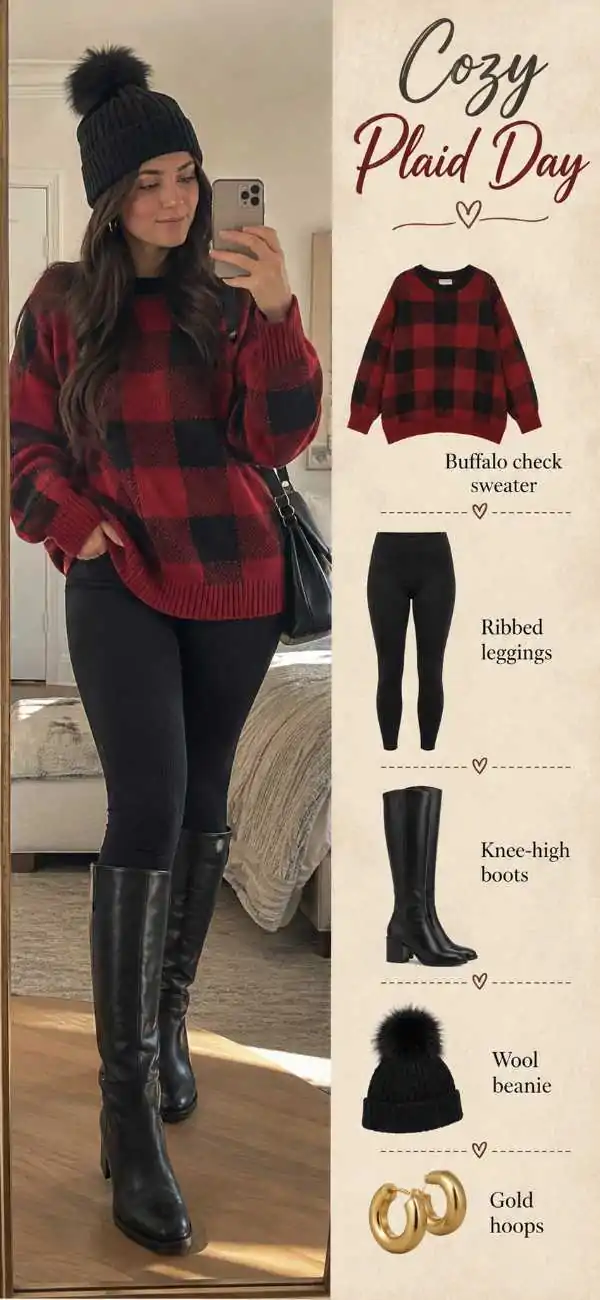 Mirror selfie plaid sweater outfit breakdown with leggings, boots and beanie