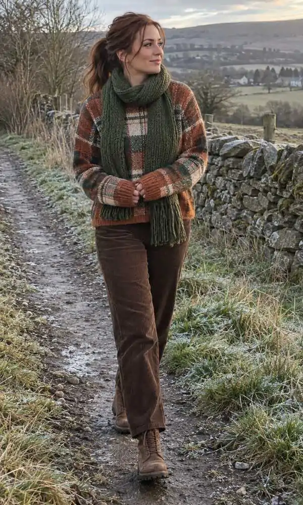 Plaid sweater with chocolate brown corduroy pants and suede boots