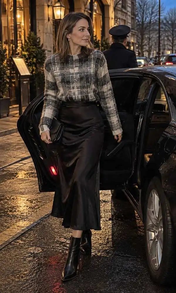 Grey plaid sweater tucked into a black satin midi skirt with ankle boots