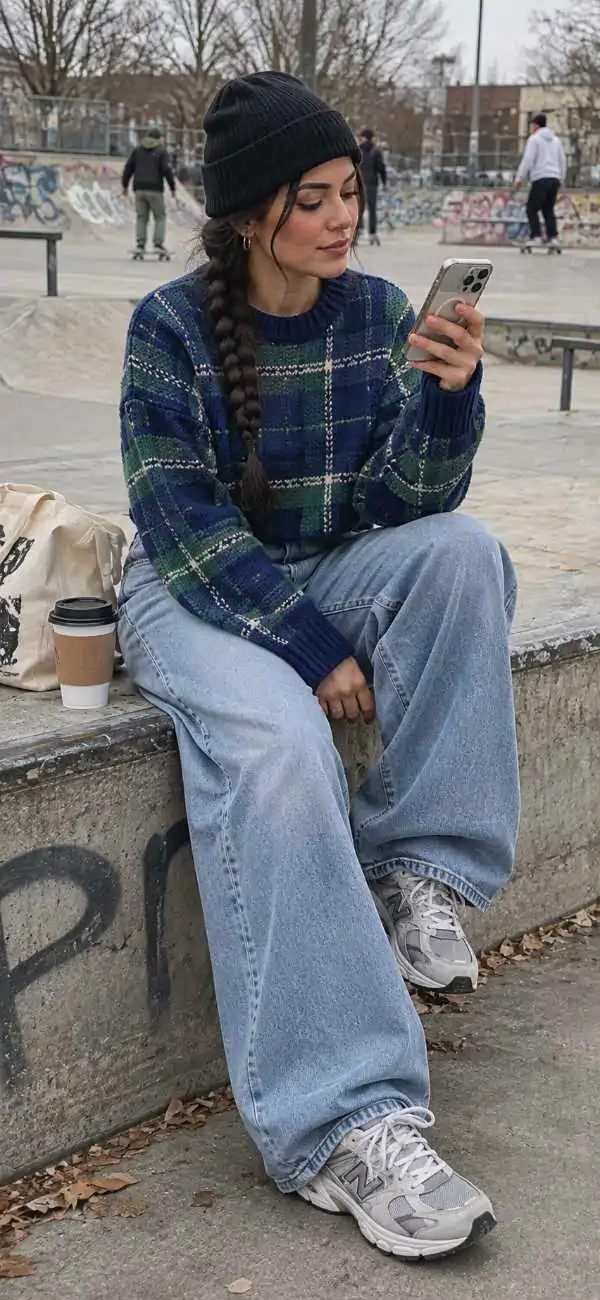 Boxy plaid sweater with baggy jeans and chunky sneakers