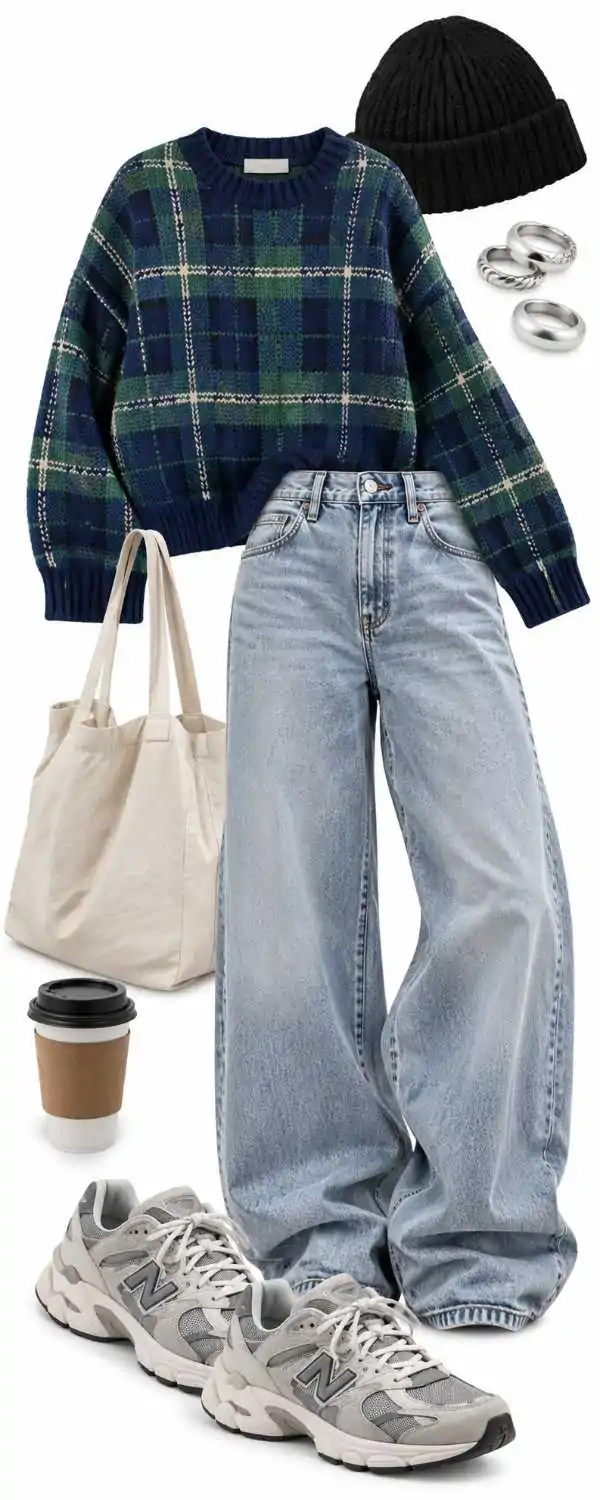 Clean white cutout board of a plaid sweater, baggy jeans and sneakers outfit
