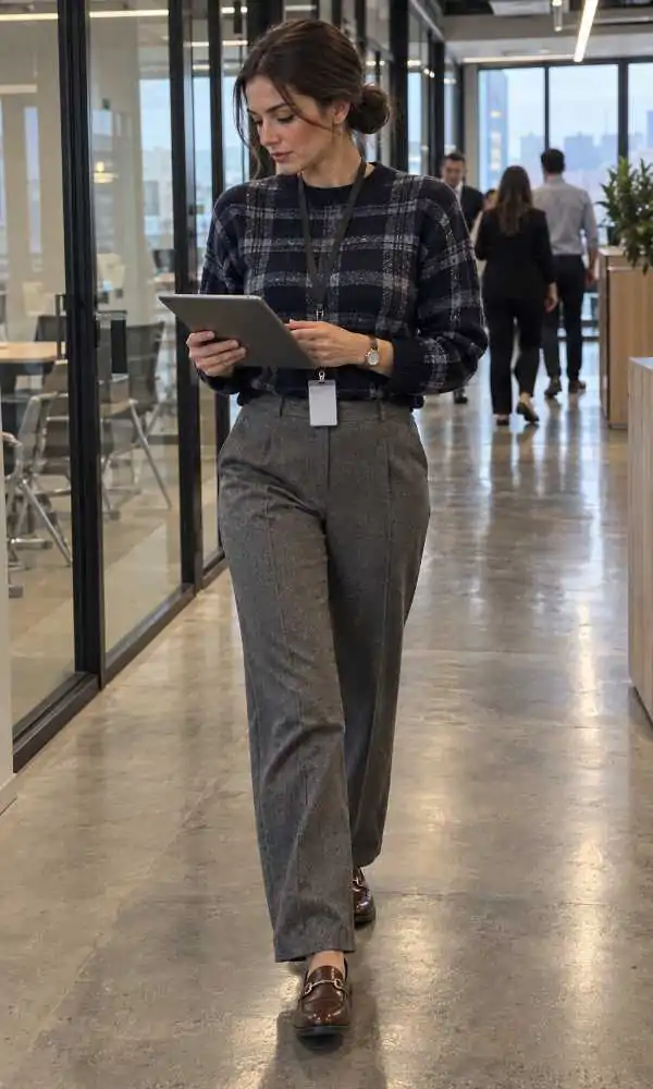 Navy plaid sweater with grey wool trousers and loafers for the office