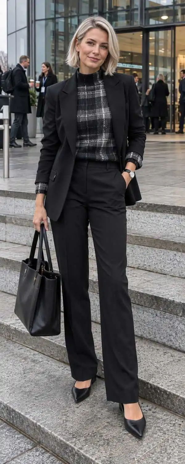 Mock-neck plaid sweater under a tailored black blazer with black trousers