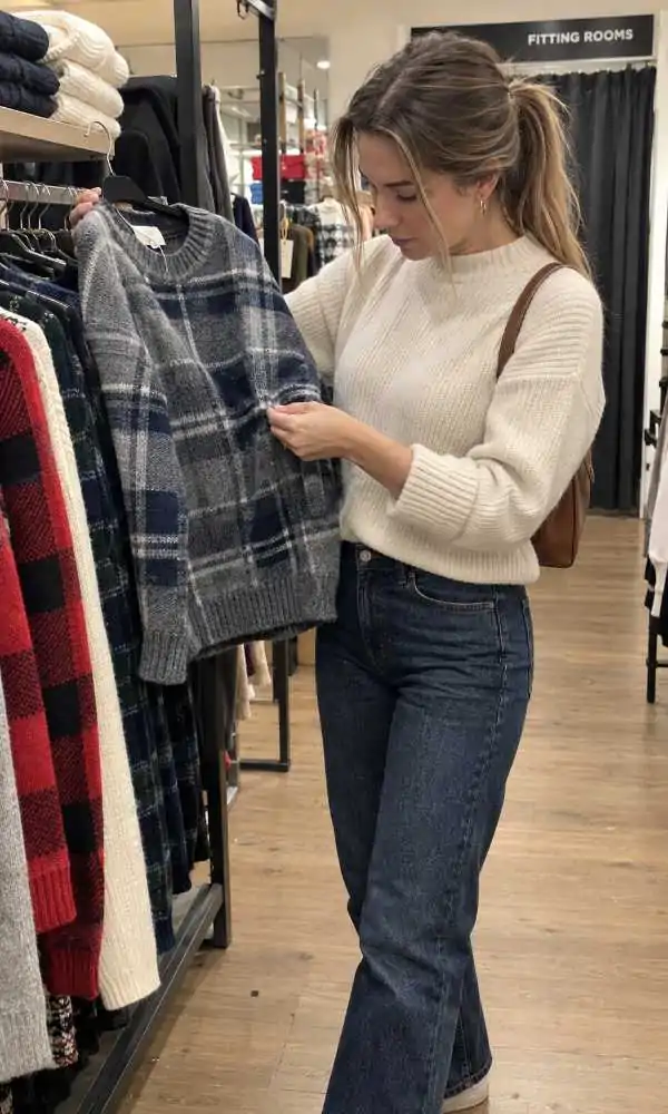 Woman checking that the plaid lines match at the side seam of a wool sweater in a shop