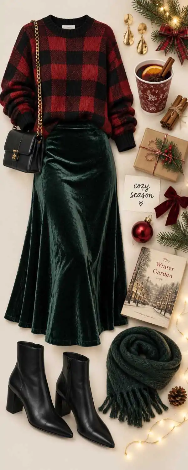 Festive plaid sweater mood board with velvet skirt, boots, scarf and fairy lights