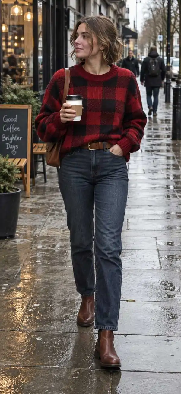 Red Plaid Sweater with Dark Wash Straight Jeans and brown Chelsea boots