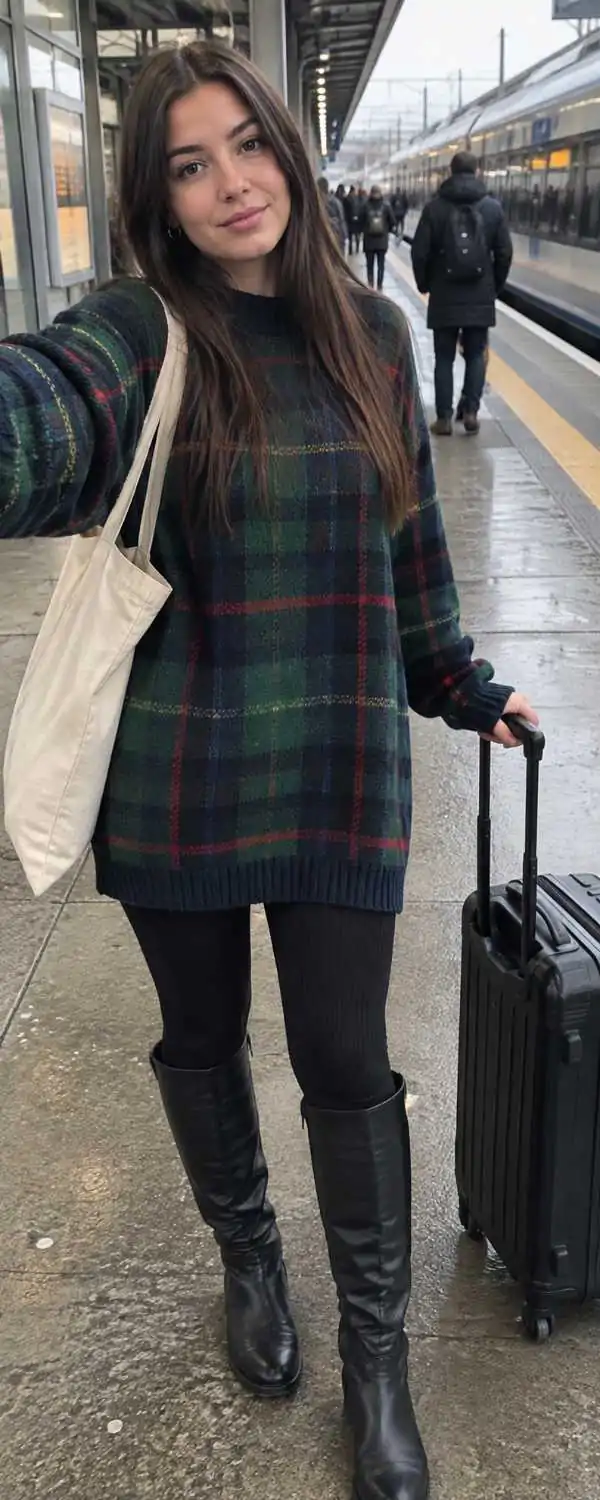 Oversized green tartan sweater with black leggings and knee-high boots
