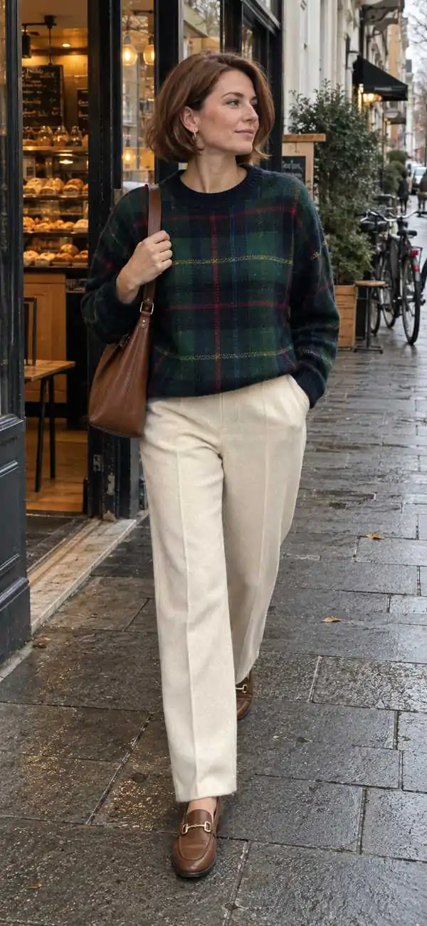Green tartan sweater with cream trousers and tan loafers