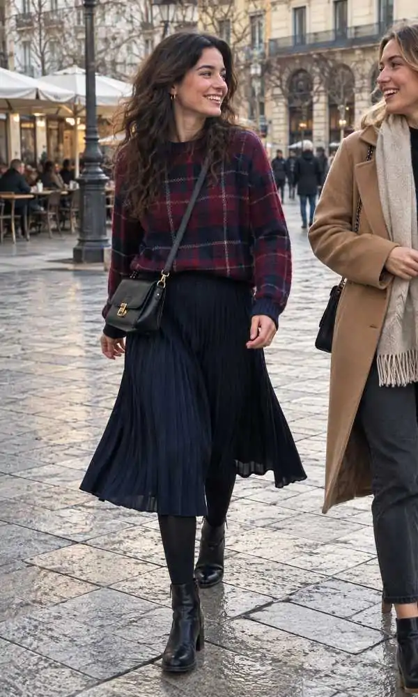 Plaid sweater with a navy pleated midi skirt, black tights and block-heel boots