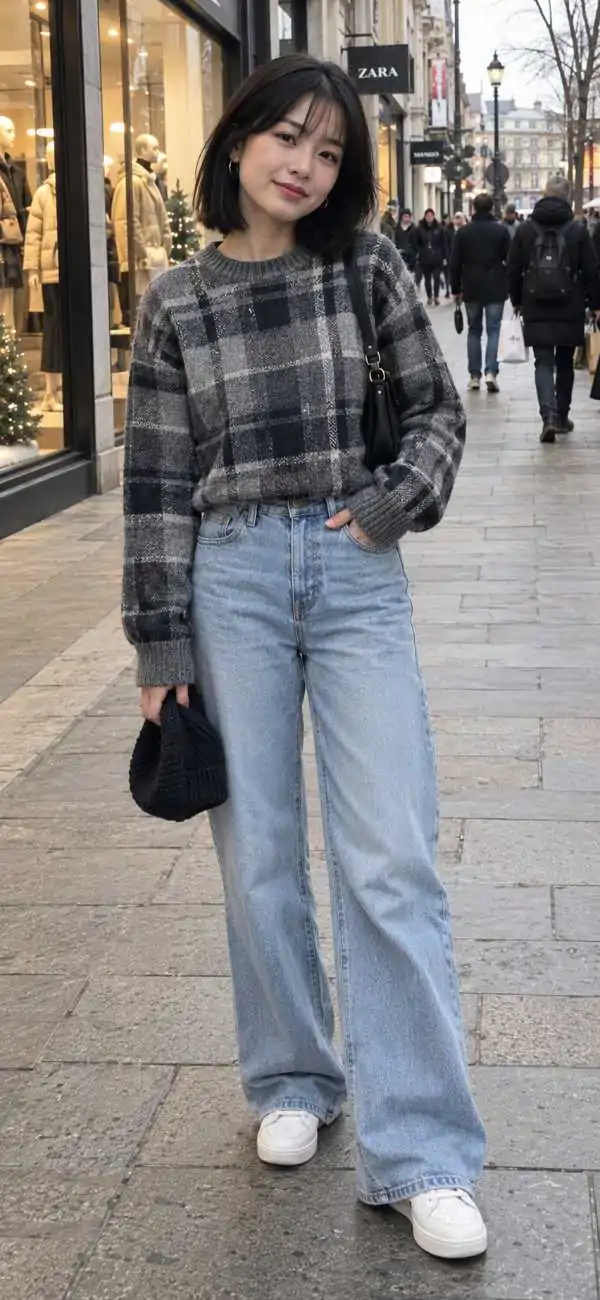 Cropped plaid sweater with high-waist wide-leg jeans and white sneakers