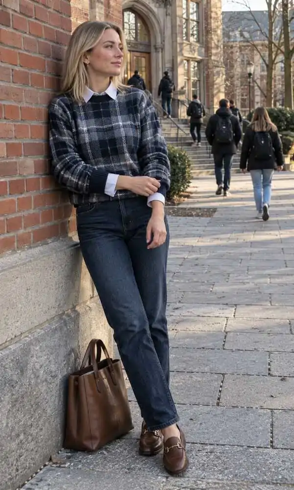 Plaid sweater over a crisp white collared shirt with dark jeans and loafers
