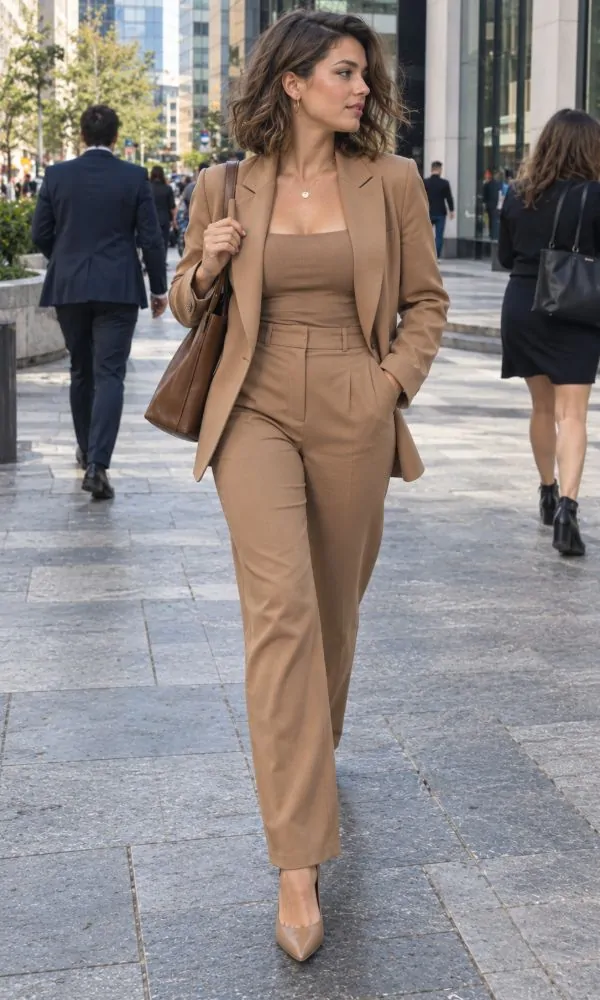 Create an Elegant yet Laid Back Outfit With a Matching Pantsuit and Heels